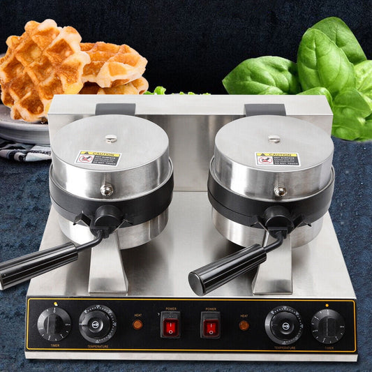 DENEST Dual Rotating Belgian Waffle Maker Commercial Non-Stick 7" Round Breakfast 1500W