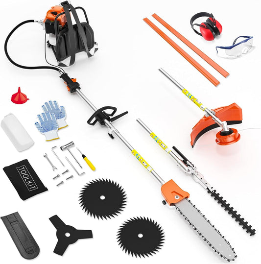 Datingday 52CC Gas Weed Wacker, 2-Stroke 6-in-1 Orange Gas Powered Weed Eater, Gas Hedge Trimmer, Backpack Style Gas Brush Cutter, Gas String Trimmer, Gas Pole Saw