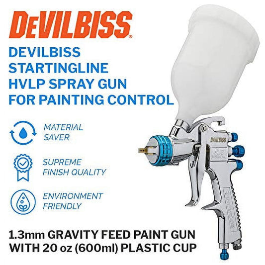 DeVilBiss STARTINGLINE HVLP Spray Gun for Painting Control 1.3mm Gravity Feed Paint Gun with 600milliliter Plastic Cup