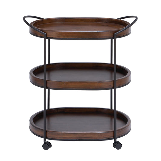 DecMode 25" x 30" Brown Wood Rolling Oval 3 Shelf Bar Cart with Black Metal Frame, 1-Piece