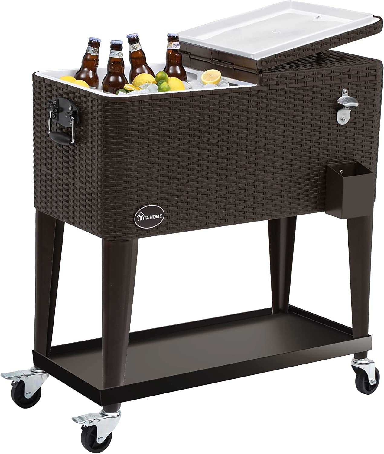 Dextrus 80 Quart Rattan Rolling Cooler Cart with Bottle Opener Drainage, Portable Wicker Patio Cooler Rolling on Wheels, Outdoor Beverage Cart Rolling Drink Cooler for Patio Pool Deck Party Cookouts