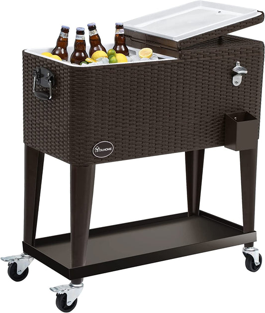 Dextrus 80 Quart Rattan Rolling Cooler Cart with Bottle Opener Drainage, Portable Wicker Patio Cooler Rolling on Wheels, Outdoor Beverage Cart Rolling Drink Cooler for Patio Pool Deck Party Cookouts
