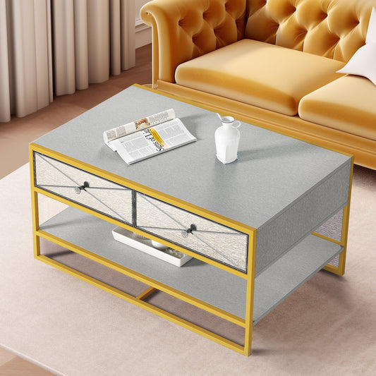 Dextrus Modern Coffee Table with 2 Drawers and Open Shelf, Mirrored Rectangle Coffee Table, Mirrored Center Table for Living Room
