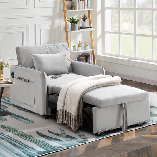 Lunale 3-in-1 Convertible Sleeper Chair Bed, Indoor Lounge Chair with USB/Type-C Charging Ports, Modern Recliner Sofa for Living Room, Gray Velvet