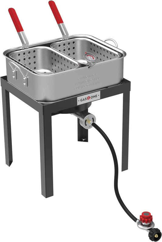 Double Fryer with 2 Baskets Propane Burners for Outdoor Cooking – Heavy Duty 18Qt Aluminum Pot Outdoor Deep Fryer with Cast Iron Burner – Propane Deep Fryer with Thermometer