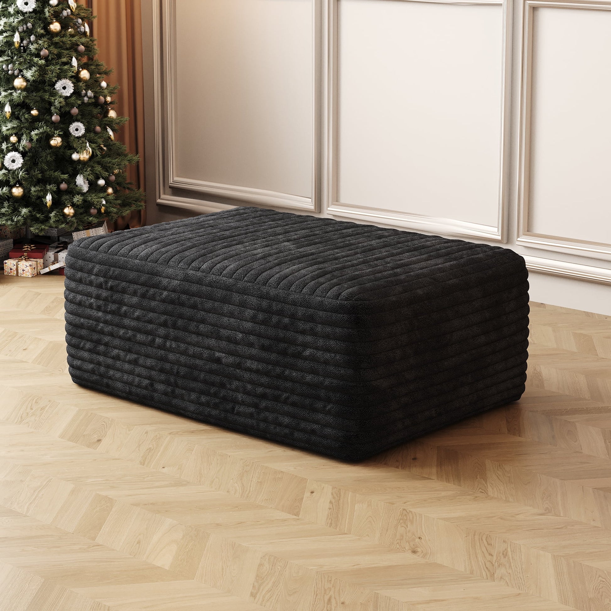 MAYEERTY No-Assembly Black Plush Corduroy Sofa Ottoman Soft Fabric Cozy Footrest Extra Living Room Seating
