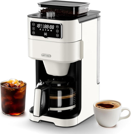 Drip Coffee Maker with Grinder, 10-Cup Coffee Machine with 24-Hour Delay Timer, Touch Screen, Self-Cleaning, Reusable Filter, 1.5L Removable Water Tank & Warming Plate White