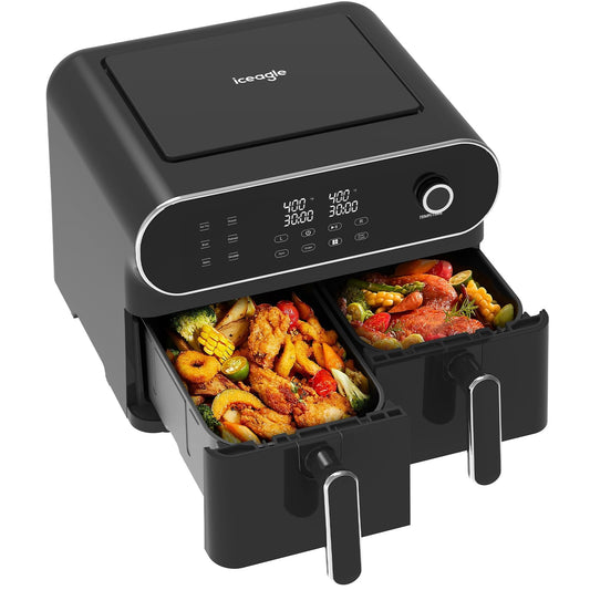 Dual Air Fryer 11 Quart - 6-in1 Airfryer with 2 Frying Baskets, Precise-control Knob | Sync & Dual Cook Functions to Ary Fry, Roast, Broil, Reheat and Dehydrate for Easy and Crispy Meals