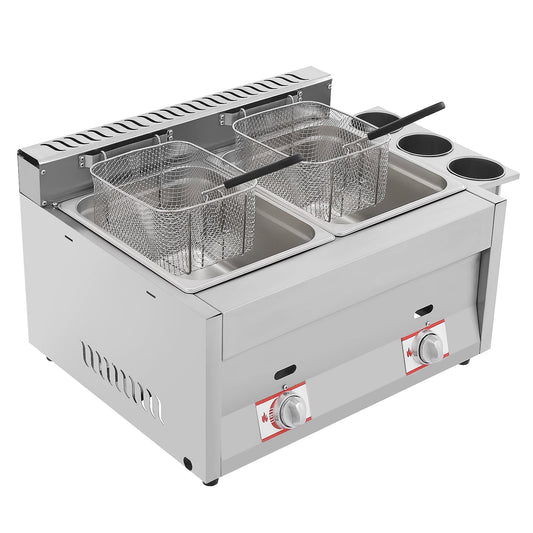 Dual Tank Gas Deep Fryer – High-Quality Stainless Steel with Independent Heating Controls, Safe and Efficient, Perfect for Frying Different Foods Simultaneously