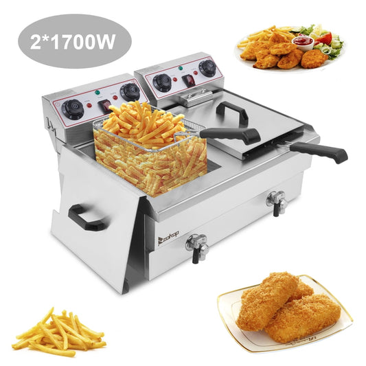 EH102V 16.9QT / 16L Total Capacity 24.9QT/23.6L Stainless Steel Faucet Double Tank Deep Fryer 3400W MAX (8L 8L Big Blue/Large Handle)
