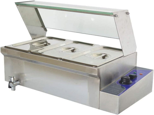 EQCOTWEA 3 Pot Bain-Marie Buffet Steam Heater Food Warmer with Glass Shield 6" Deep