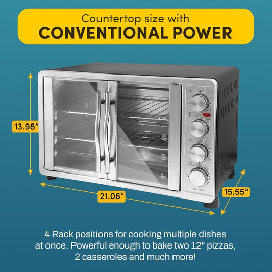 ETO-4510M French Door 47.5Qt, 18-Slice Convection Oven 4-Control Knobs, Bake Broil Toast Rotisserie Keep Warm, Includes 2 x 12" Pizza Racks, Stainless Steel