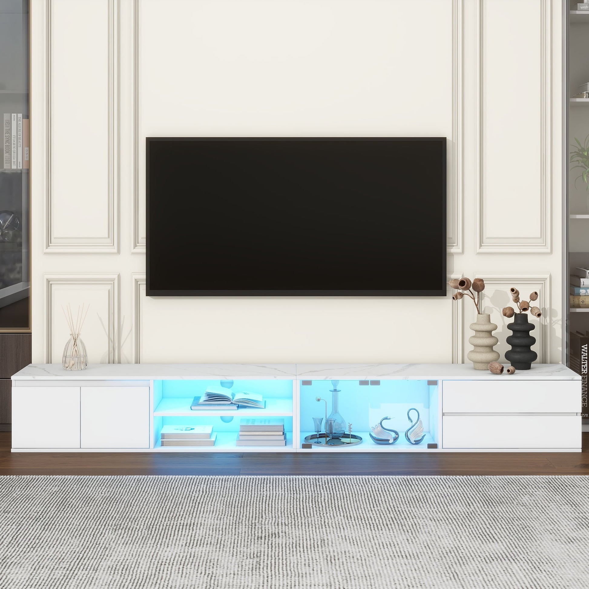 EUROCO 94.5" TV Stand Up to 100/105 inch TV,Modern APP LED TV Stand for Living Room,High Gloss Entertainment Center with Faux Marble Tabletop ,Tempered Glass Doors, 2 Drawers & Cabinets,TV Console