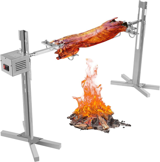 Electric BBQ Rotisserie Grill Kit,Adjustable Height Pig Roaster Grill,Stainless Steel 88.18 lbs Rotisserie Stand,Automatic Rotating Lamb Hooded Roaster Rack Motor Kit 25W