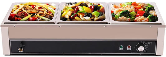 Electric Buffet Steam Table Food Warmer, 1500W 3-Pan Commercial Bain Marie Buffet Warmer, 21Qt Countertop Steam Food Warmer Server, 86℉-230℉Temp Control, for Party Catering Restaurant