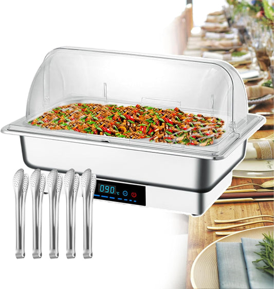Electric Chafing Dish with 5 Food Clip, Commercial Food Warmer 9L Large Capacity Warming Tray with Temperature Control Display 50-90°C for Home Use, Catering Parties, Wedding,1-Grid New