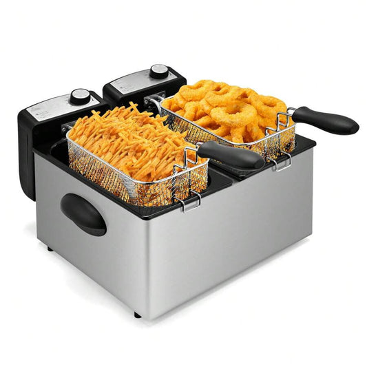 Electric Double Deep Fryer With 2 Baskets & Lids, 3L Stainless Steel Removable Double Fryer, Temperature Control, Overheat Protection,1500W