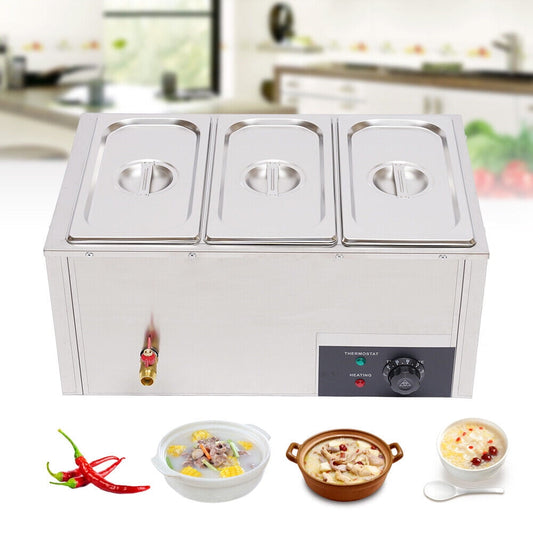 Electric Food Warmer, 3-Pot 21L Capacity, Adjustable Temperature, Stainless Steel, Ideal for Catering, Cafeterias, and Events, 2-Year Warranty