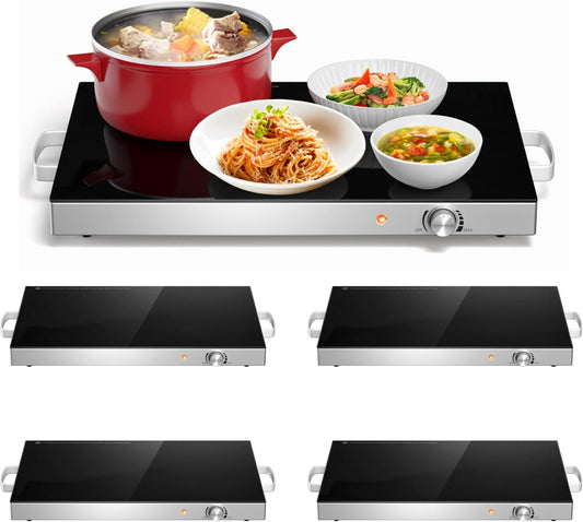 Electric Warming Tray, Food Warmer w/Large Hot Plates & Cool-Touch Handles, Adjustable Temperature, Easy to Clean Tempered Glass Surfaces, Food Warming Mat for Parties Buffets Gatherings (4)