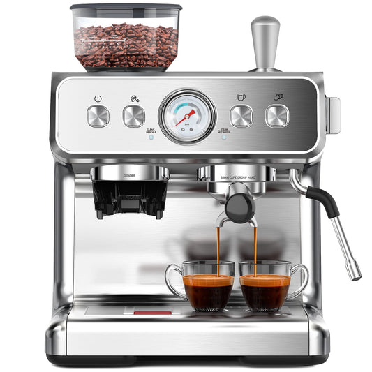 Espresso Machine,15 Bar Professional Espresso Maker with Coffee Bean Grinder Milk Frother,Coffee Machine for Espresso/Cappuccino/Latte,Single & Double Cup,Stainless Steel