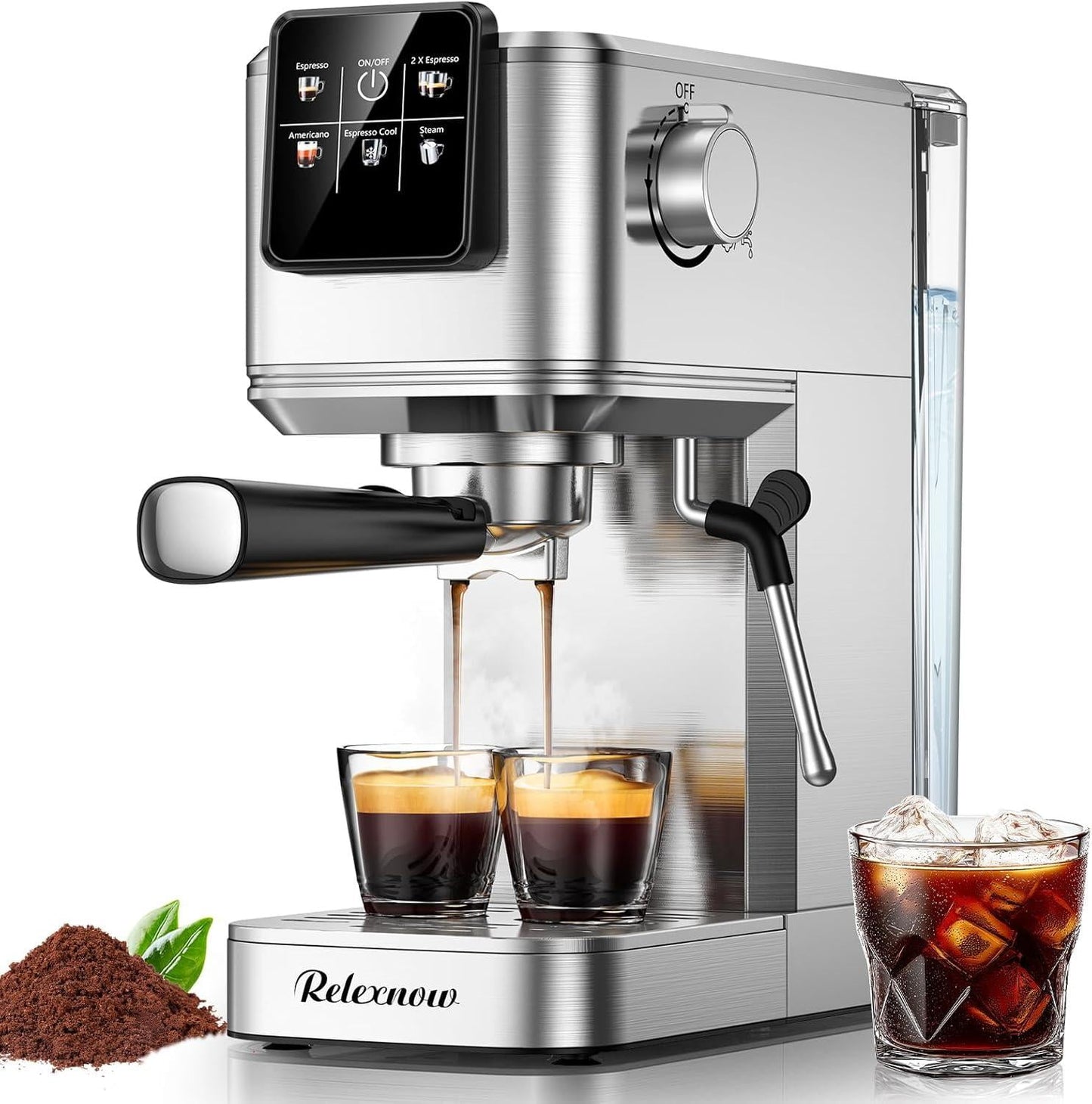 Espresso Machine, 20 Bar Espresso Maker Milk Frother & LCD Panel, Hot & Iced with Rapid Cold Brew, Stainless Steel Espresso Coffee Machine with 41oz Water Tank for Cappuccino, Latte