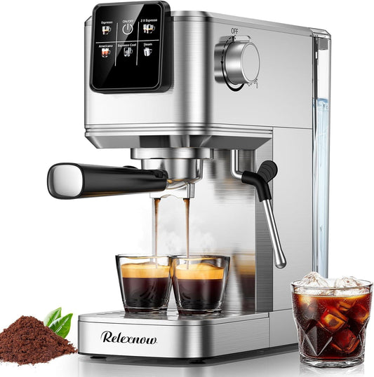 Espresso Machine, 20 Bar Espresso Maker Milk Frother & LCD Panel, Hot & Iced with Rapid Cold Brew, Stainless Steel Espresso Coffee Machine with 41oz Water Tank for Cappuccino, Latte