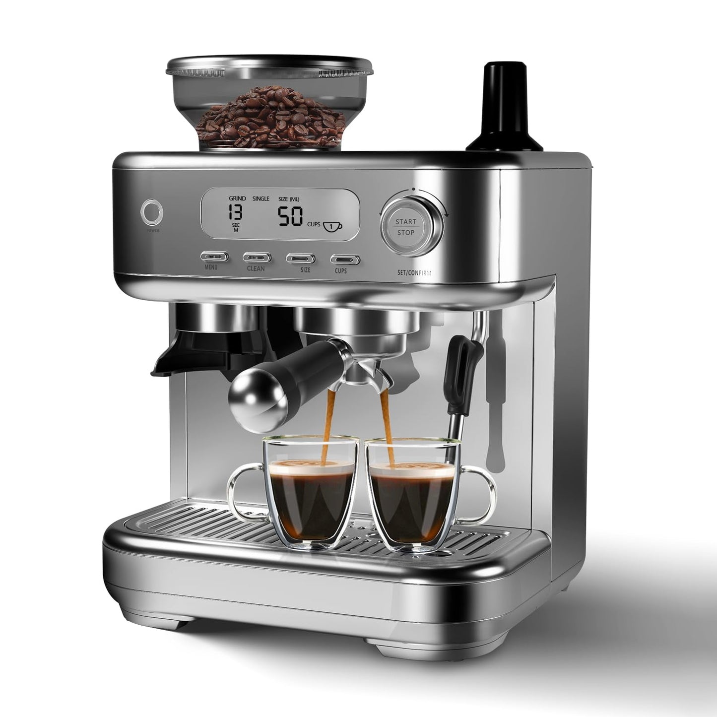 Espresso Machine with Grinder, 15 Bar Espresso Maker with Removable Water Tank for Latte & Cappuccino, Professional Coffee Machine for Home (Stainless Steel)