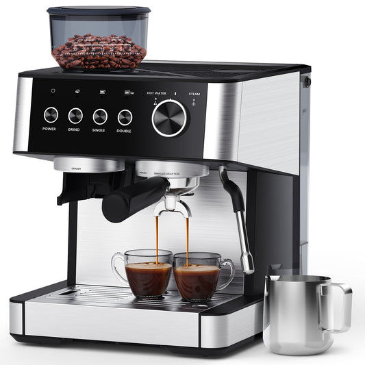 Espresso Machine with Grinder, 15 Bar Expresso Coffee Machines with Milk Frother Steam Wand, Professional Coffee Maker with Removable Water Tank, Cappuccino & Latte Machine for Home