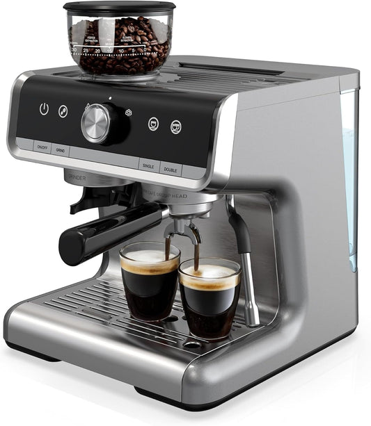 Espresso Machine with Grinder and Milk Frother Steam Wand, 20 Bar Coffee Maker with 95oz Water Tank, Professional 3 In 1 Espresso Maker for Cappuccino and Latte (1450w) - Light Gray