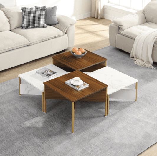 Euroco Modern Nesting Coffee Tables Set of 4 -Mid Century Modern Square Living Room Table, Free Adjustable Shape,Versatile and Stylish Accent Furniture for Your Living Room White & Walnut Color