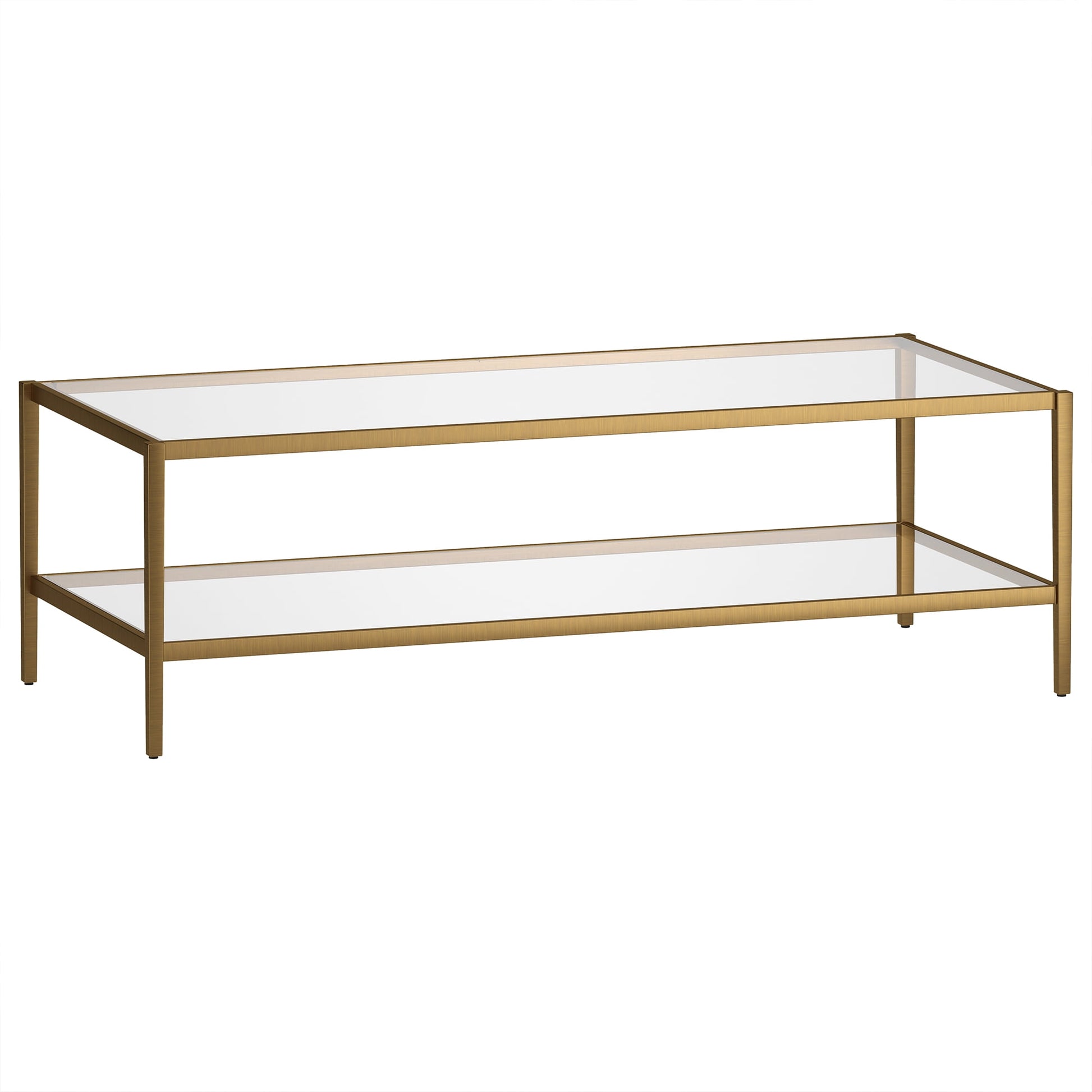 Evelyn&Zoe Hera 54" Wide Rectangular Coffee Table with Glass Shelf, Antique Brass