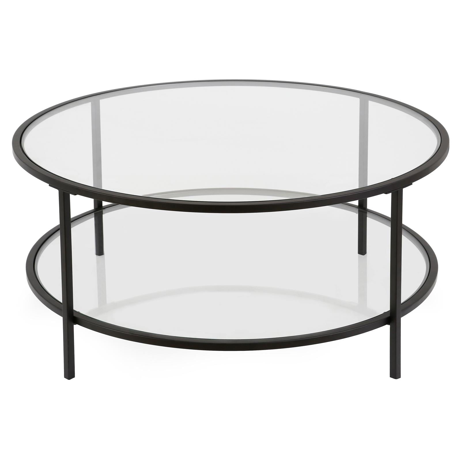 Evelyn&Zoe Sivil 36" Wide Round Coffee Table with Glass Top, Blackened Bronze