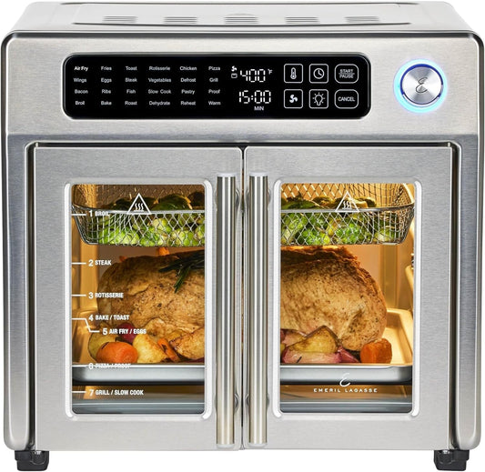 Extra Large French Door Air Fryer Toaster Oven Combo with 24 Cooking Functions and Digital Controls, 7 Accessories Included, Stainless Steel Finish, 26QT Capacity