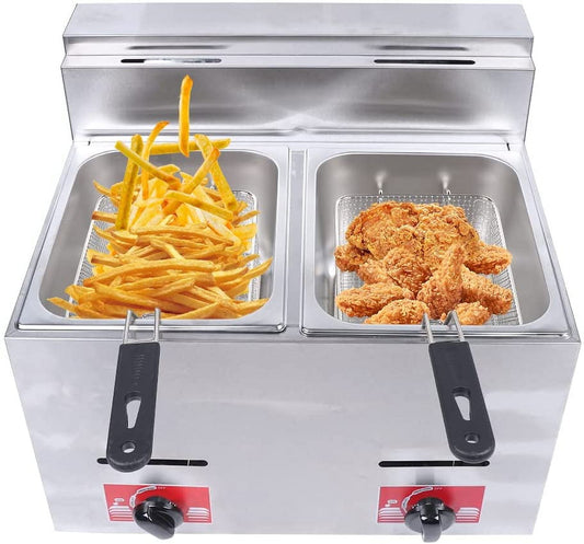 FETCOI Electric Deep Fryer, 2*6L Double Cylinder Gas Fryer, Commercial Dual Tanks Countertop Stainless Steel Frying Machine ,Fryer with Basket for Home Commercial Use