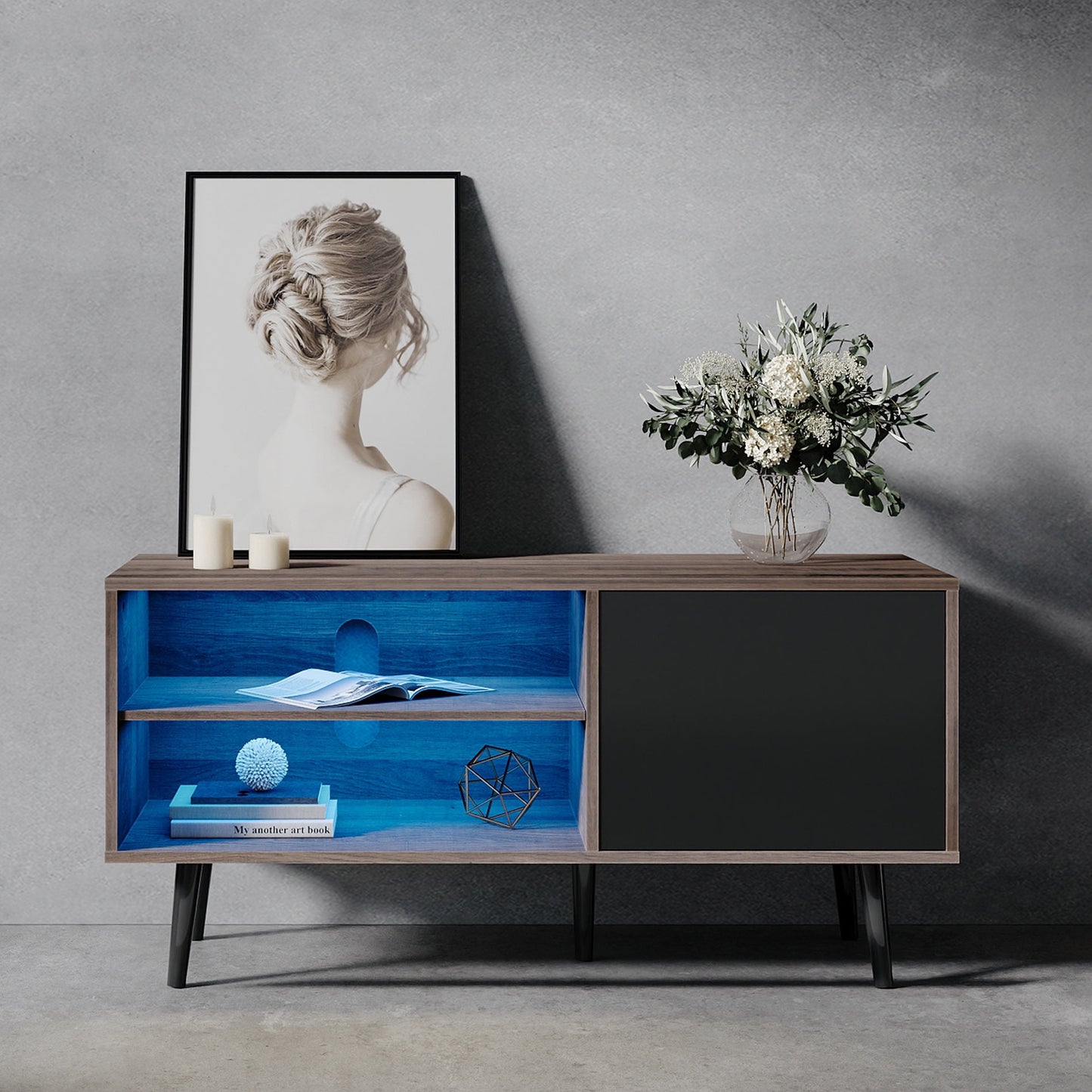 Mid Century Modern TV Stand for 60 inch Flact Screen, Wood TV Cabinet Media Console with Storage White/Beige