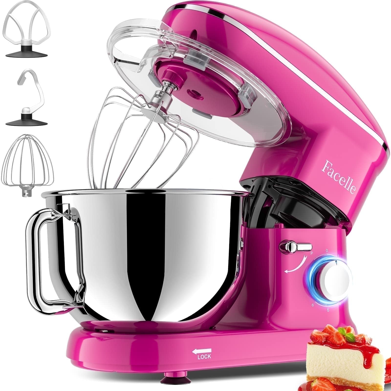 Facelle 6.5 QT Stand Mixer, 660W 6+P Speed Tilt-Head Kitchen Mixer with Pulse Button,Bowl,Dough Hook,Beater, for Most Home Cooks,Purple