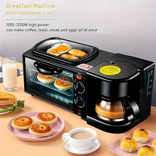 "Fanruina 3-in-1 Electric Breakfast Station: 1250W Portable Oven w/Coffee Maker, Non-Stick Sandwich, Omelette, Bacon Sausage Maker, 2.51gal Bread Oven, 110V/220V US Plug