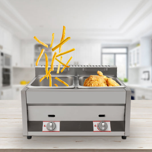 Fichiouy Commercial Gas Fryer Stainless Steel Countertop 2 Basket Deep Fryer Propane(LPG) 6L 50?380?