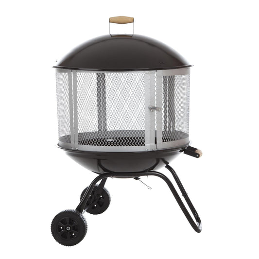 Fire Sense Fire Pit Bessemer Rolling Patio Fireplace Wooden Bonfire Porcelain Enamel Wood Burning with Wheels