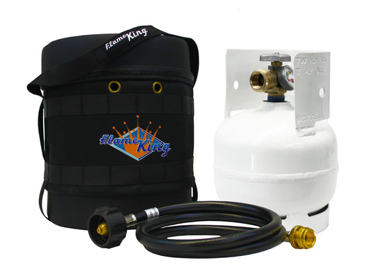 Flame King Gas Hauler Kit - Insulated Protective Carry Case, 3lb Propane Tank and Adapter Hose for Camping and Outdoor Adventures, Black/White