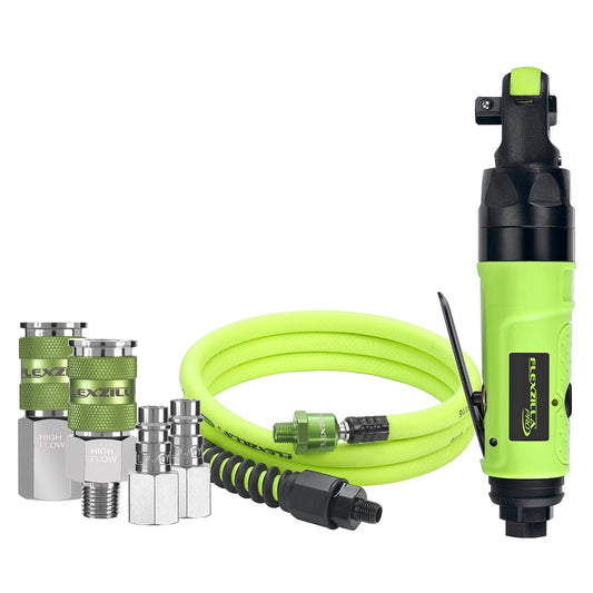Flexzilla® Pro Reactionless Mini Air Ratchet Kit, 3/8" Drive, with Flexzilla Pro Custom Length Whip Hose w/ Ball Swivel, 3/8" x 6', ZillaGreen™, and Flexzilla Pro High Flow Couplers and Plugs