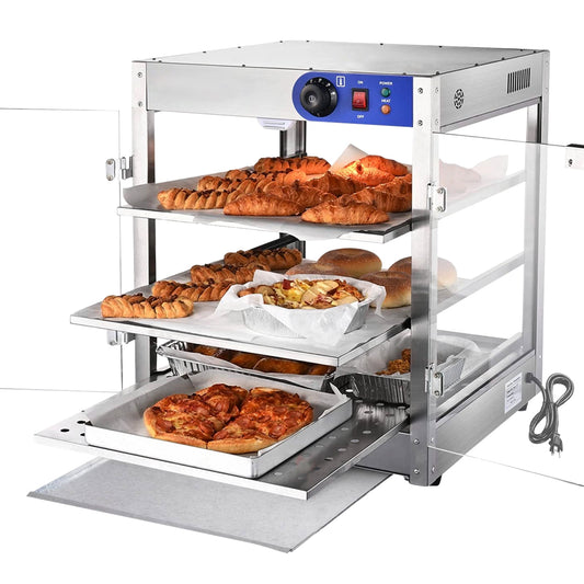 Food Pizza Warmer | 3-Tier Electric Food Warmer with Lighting | Transparent Large Capacity Countertop Case with Removable Shelves, Built-in 25W Bulb for Cafes, Bakeries, Burgers, Pizza