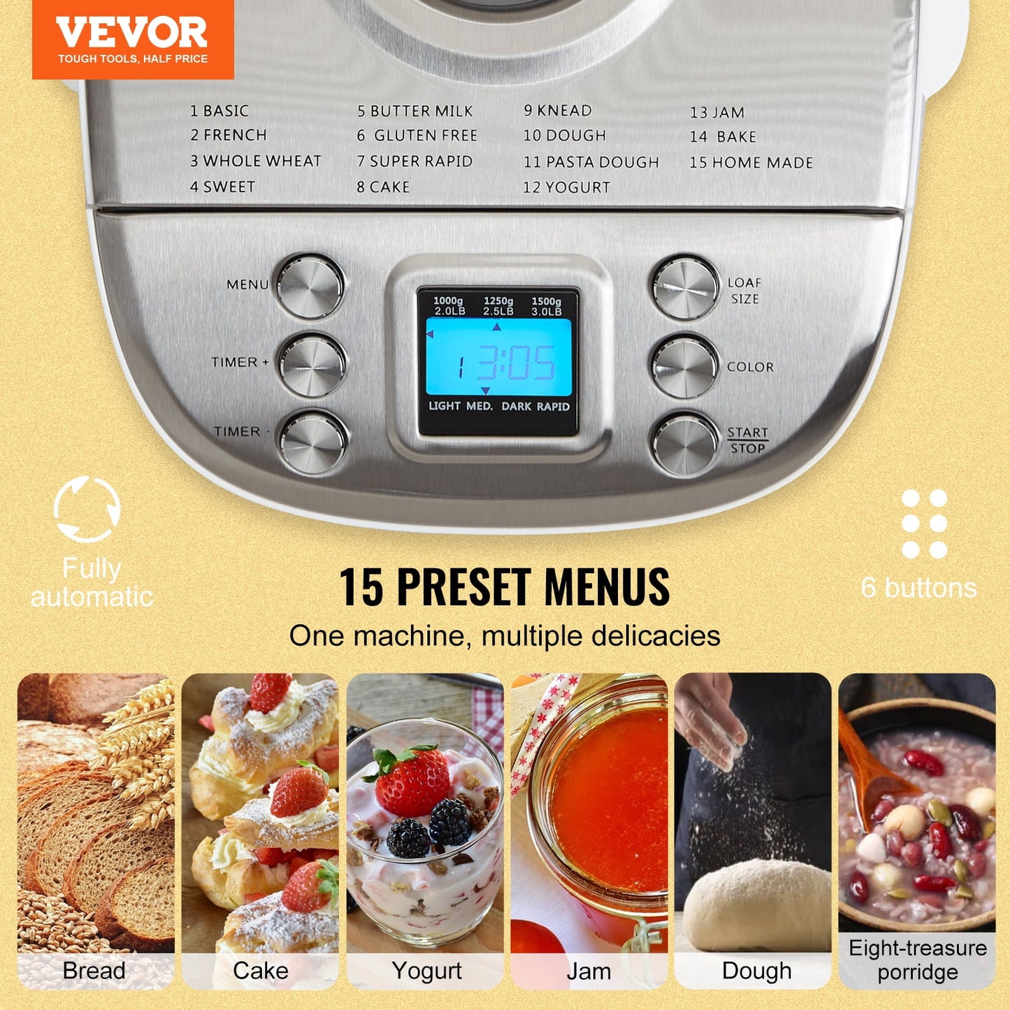 FortuneKey 3LB Bread Maker - 15-in-1 Programs, Gluten-Free Setting, Nonstick Ceramic Pan - Digital, Programmable w/ 3 Loaf Sizes & Crust Colors (White)