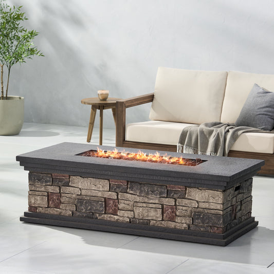 Fox Lightweight Concrete Outdoor 50,000 BTU Rectangular Fire Pit (No Tank Holder), Stone Finish