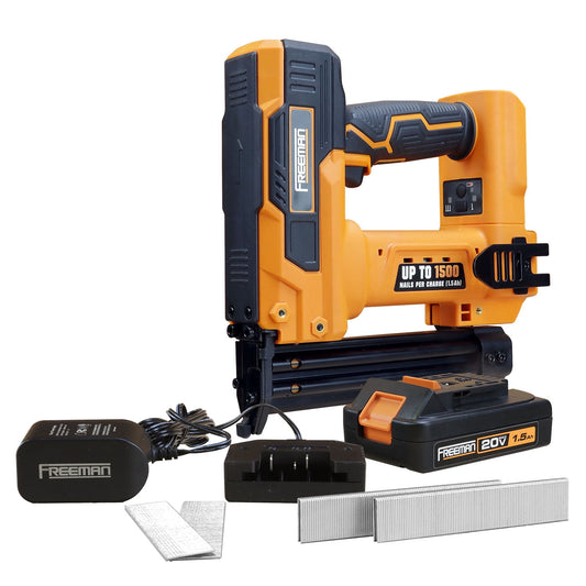 Freeman PE20VBR9032 20 Volt Cordless 2-in-1 18-Gauge 1-1/4" Nailer / Stapler Kit with Lithium Ion Battery, Charger, and Fasteners (400 Count) – 1500 Shots per Charge