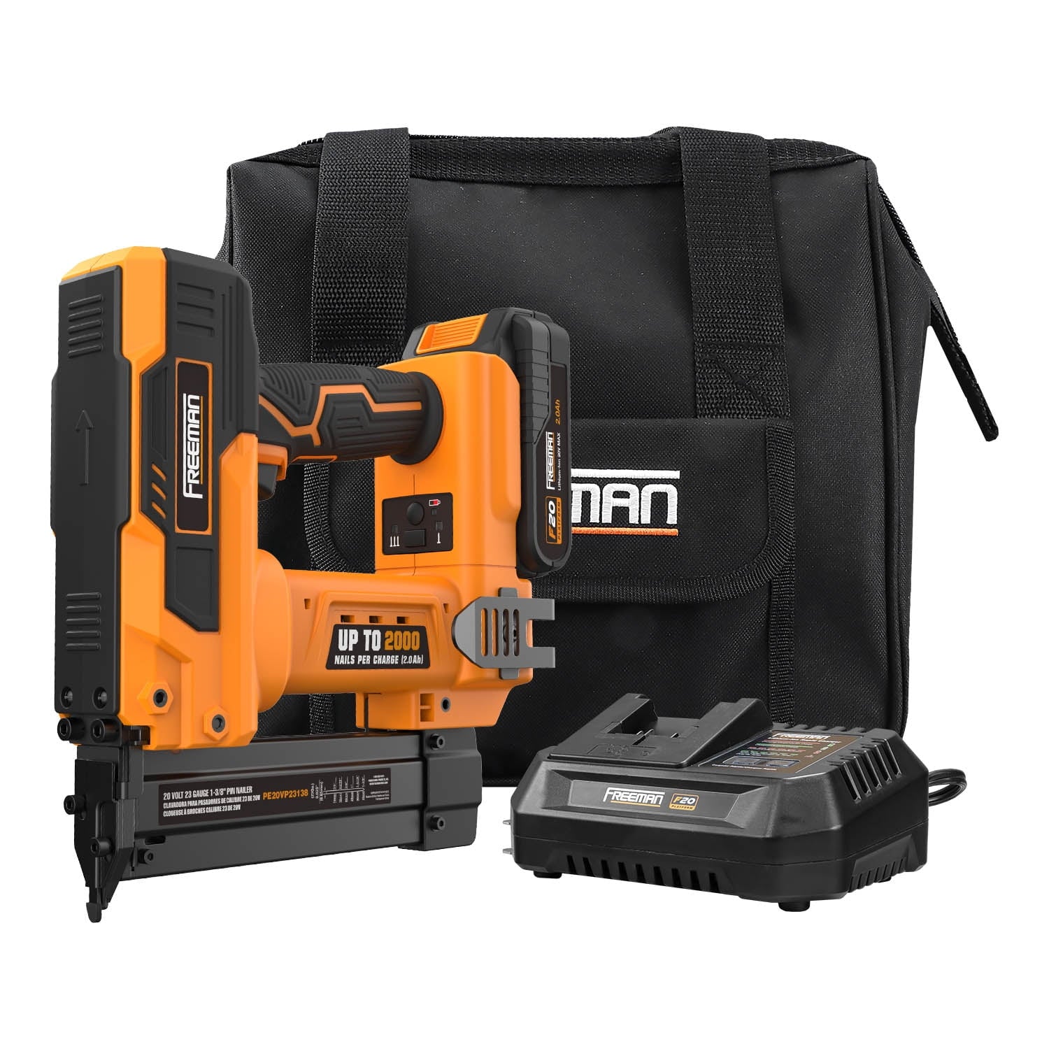 Freeman PE20VP23138 20 Volt Cordless 23-Gauge 1-3/8" Pin Nailer Kit with Lithium Ion Battery, Charger, Bag, and Nails (1000 Count) – 2000 Shots per Charge