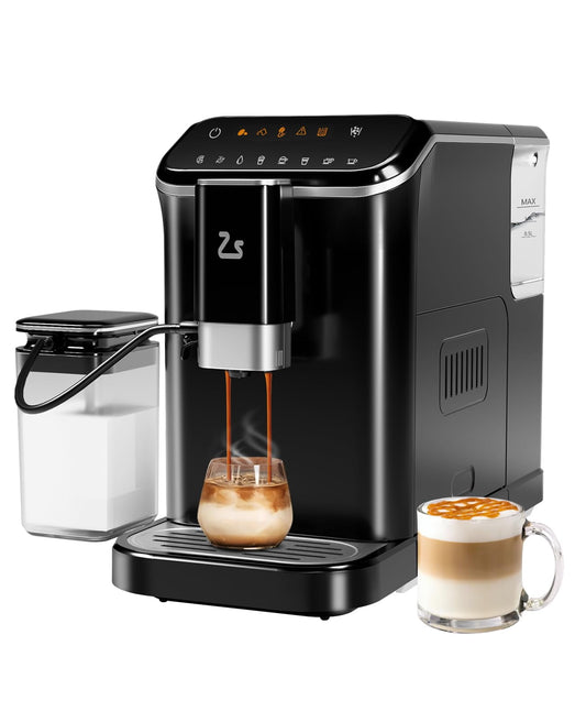 Fully Automatic Espresso Machine, Automatic Espresso & Coffee Machine with Automatic Milk Frother for Latte, Cappuccino, Iced Coffee, Built-in Grinder