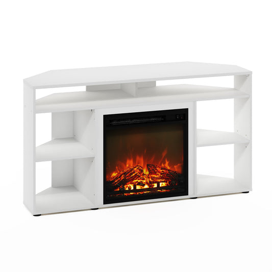 Furinno Jensen Corner TV Stand with Fireplace for TV up to 55 Inches, Solid White