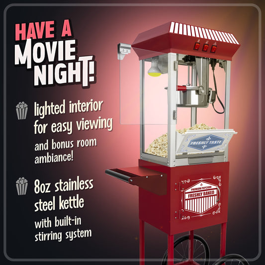 Ganeed Popcorn Maker Machine - Professional Cart With 12 Oz Kettle Makes Up to 32 Cups - Vintage Popcorn Machine Movie Theater Style - Red