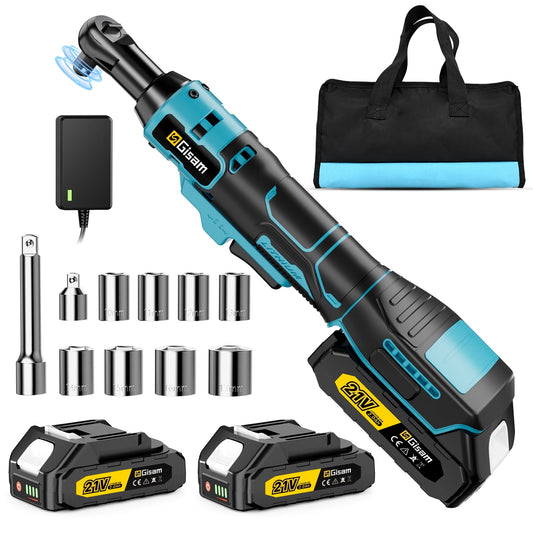 Gisam 21V Max 3/8'' Cordless Ratchet Wrench with Brushless Motor, 2 x 2.0Ah Battery & Charger, 8 Sockets,1/4 Adaptor, 3" Extension Bar